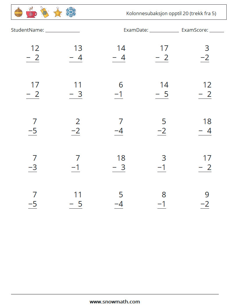 (25) Kolonnesubaksjon opptil 20 (trekk fra 5) MathWorksheets 14