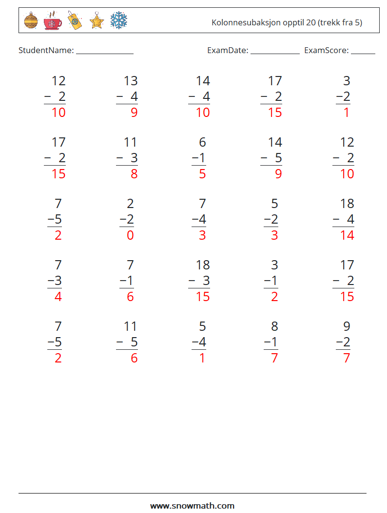(25) Kolonnesubaksjon opptil 20 (trekk fra 5) MathWorksheets 14 QuestionAnswer