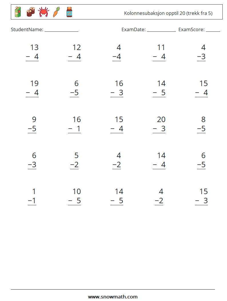 (25) Kolonnesubaksjon opptil 20 (trekk fra 5) MathWorksheets 15