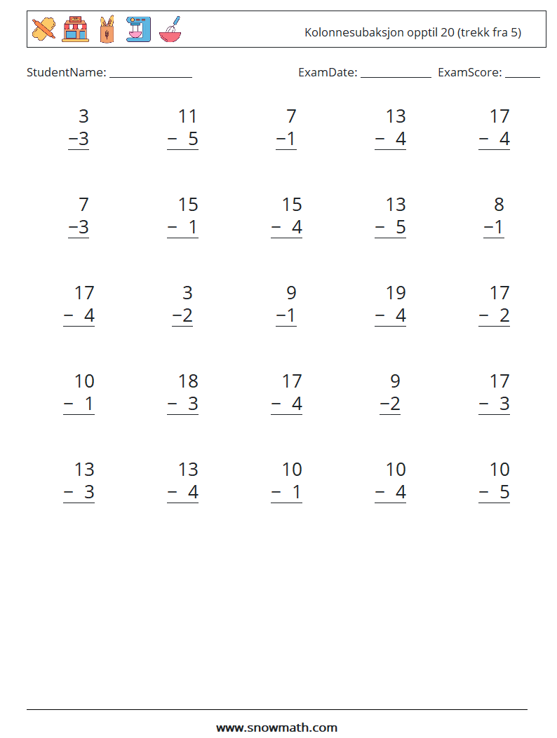 (25) Kolonnesubaksjon opptil 20 (trekk fra 5) MathWorksheets 16