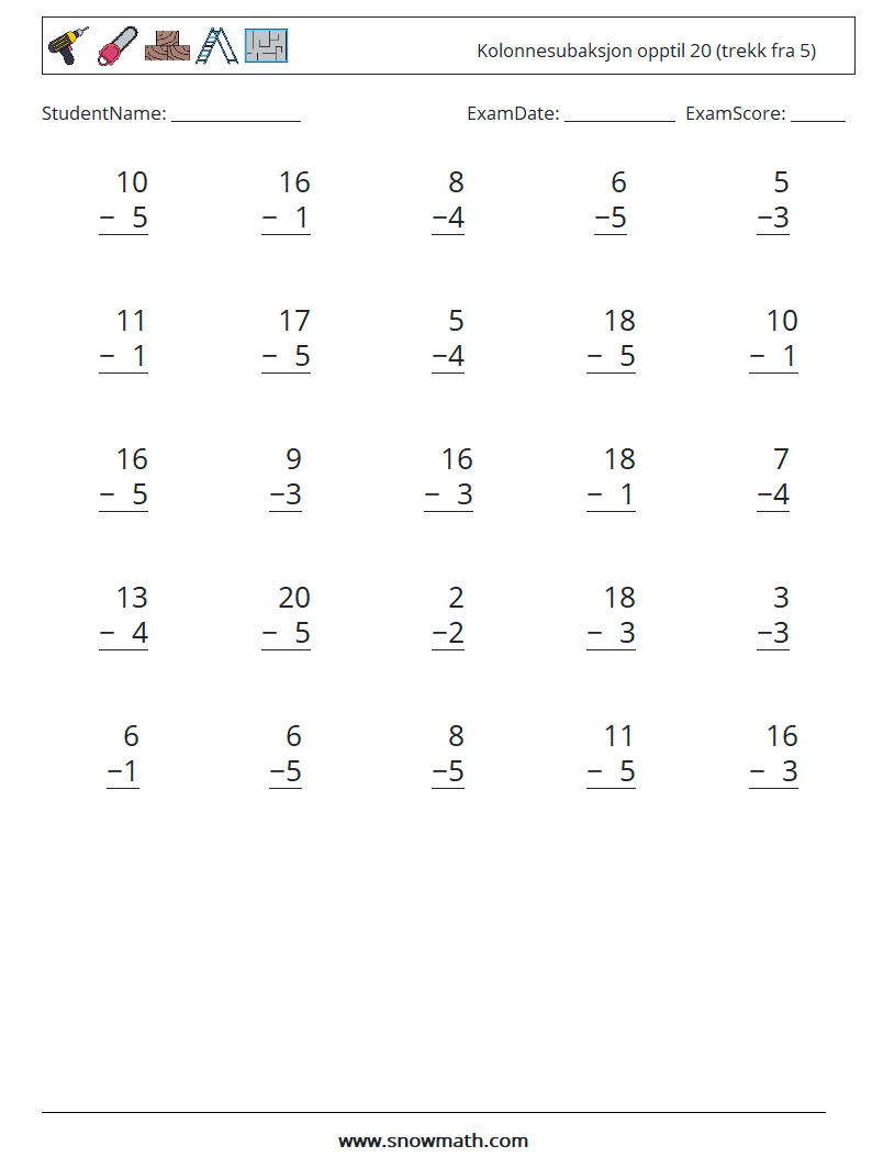 (25) Kolonnesubaksjon opptil 20 (trekk fra 5) MathWorksheets 17