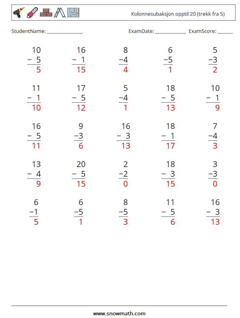 (25) Kolonnesubaksjon opptil 20 (trekk fra 5) MathWorksheets 17 QuestionAnswer