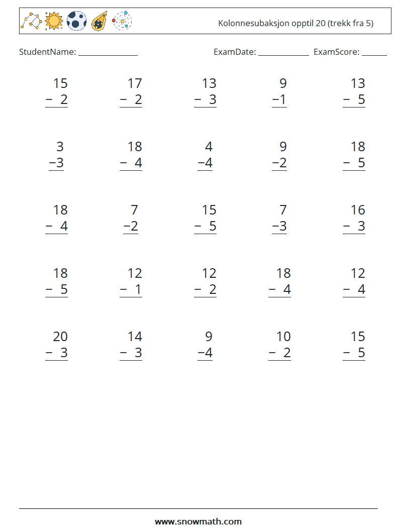 (25) Kolonnesubaksjon opptil 20 (trekk fra 5) MathWorksheets 18
