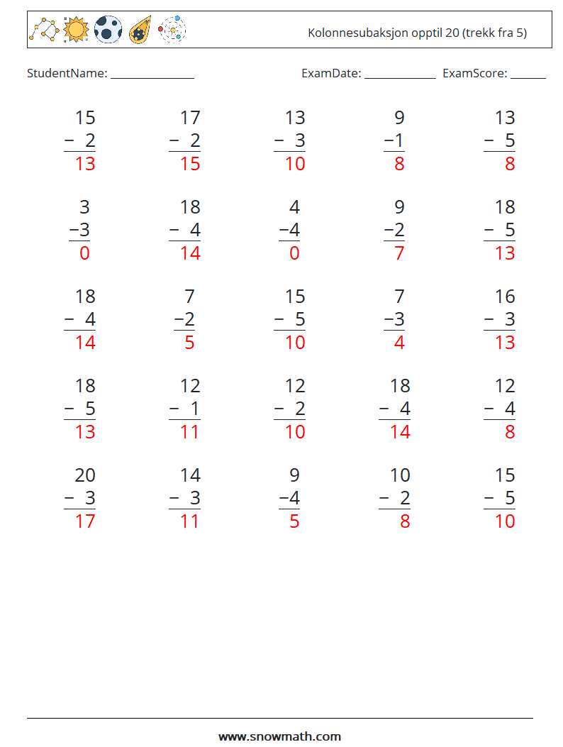 (25) Kolonnesubaksjon opptil 20 (trekk fra 5) MathWorksheets 18 QuestionAnswer