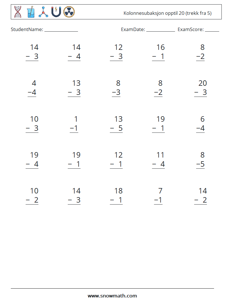 (25) Kolonnesubaksjon opptil 20 (trekk fra 5) MathWorksheets 2