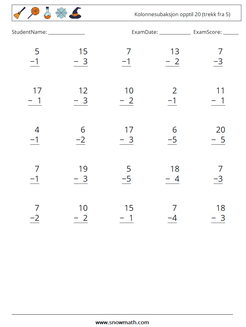 (25) Kolonnesubaksjon opptil 20 (trekk fra 5) MathWorksheets 3