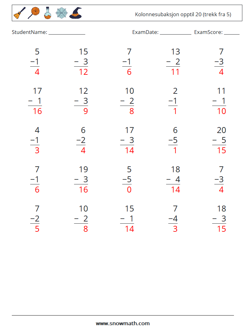 (25) Kolonnesubaksjon opptil 20 (trekk fra 5) MathWorksheets 3 QuestionAnswer