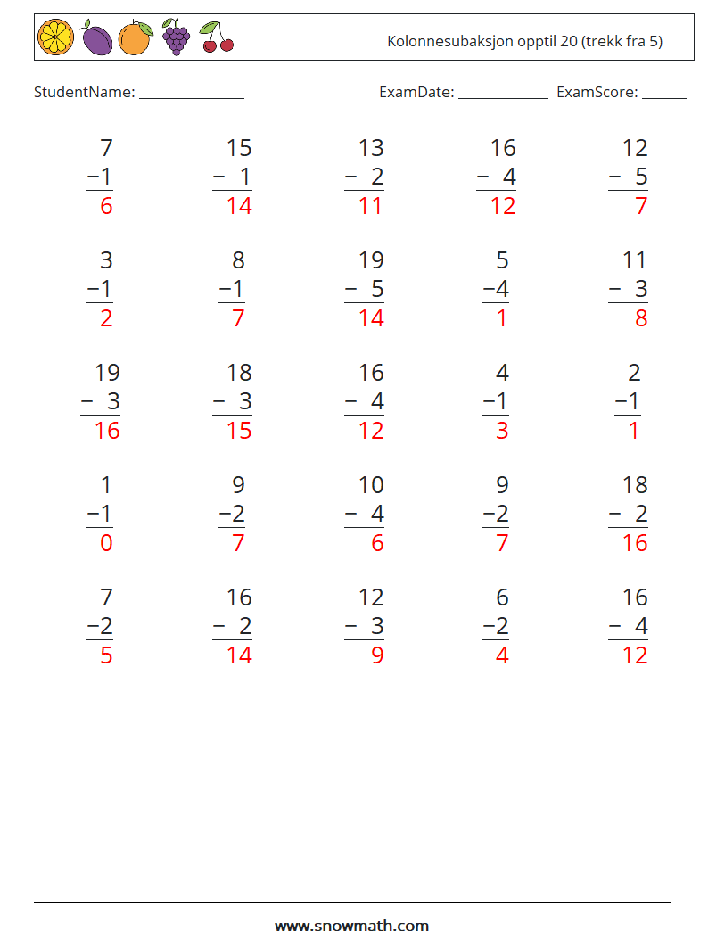 (25) Kolonnesubaksjon opptil 20 (trekk fra 5) MathWorksheets 4 QuestionAnswer
