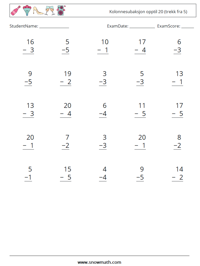 (25) Kolonnesubaksjon opptil 20 (trekk fra 5) MathWorksheets 5