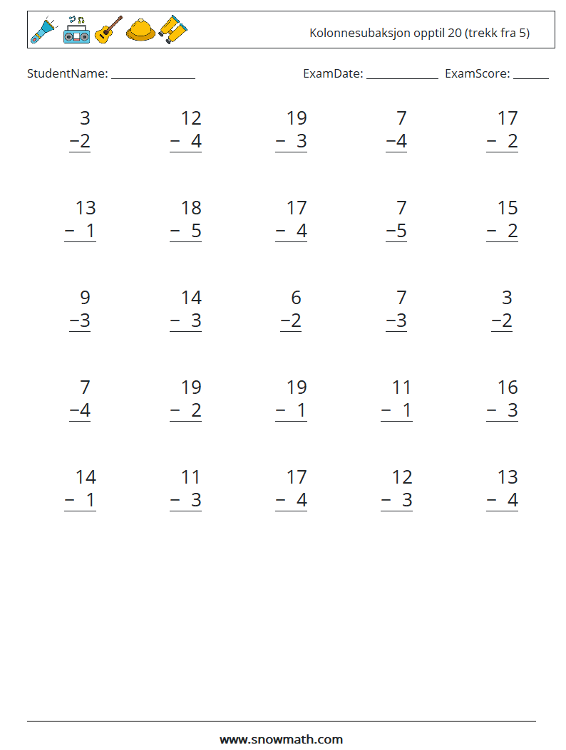 (25) Kolonnesubaksjon opptil 20 (trekk fra 5) MathWorksheets 7