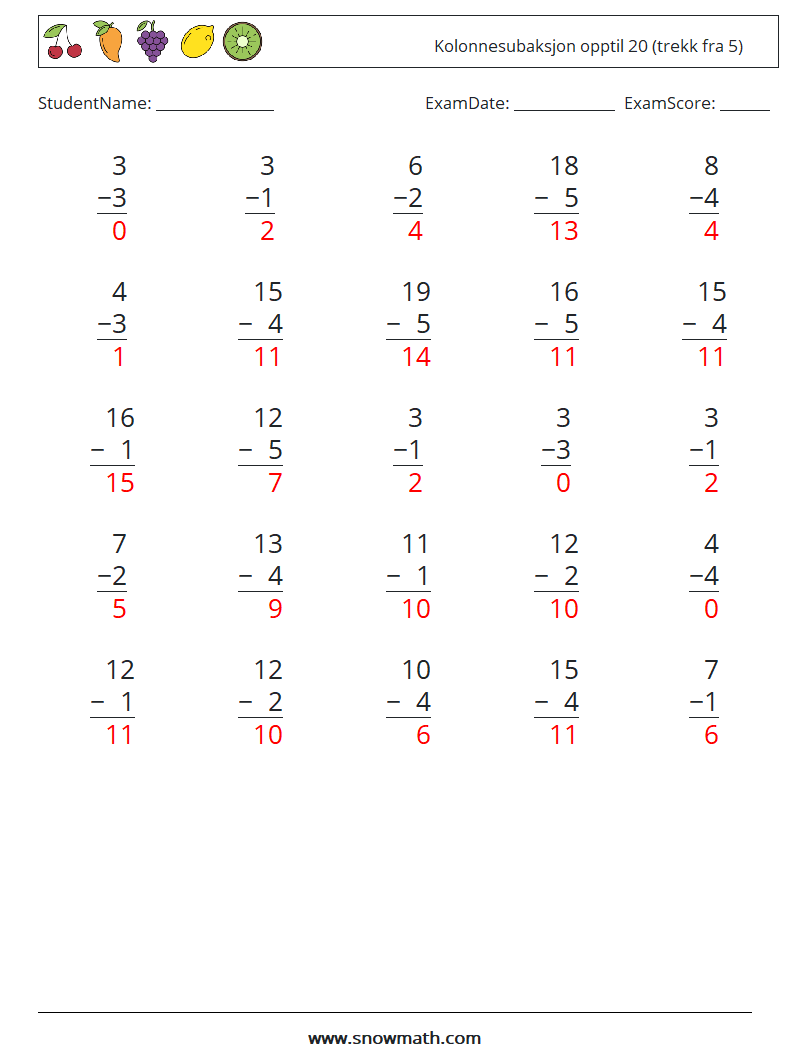 (25) Kolonnesubaksjon opptil 20 (trekk fra 5) MathWorksheets 9 QuestionAnswer