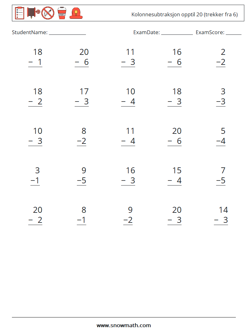 (25) Kolonnesubtraksjon opptil 20 (trekker fra 6) MathWorksheets 10