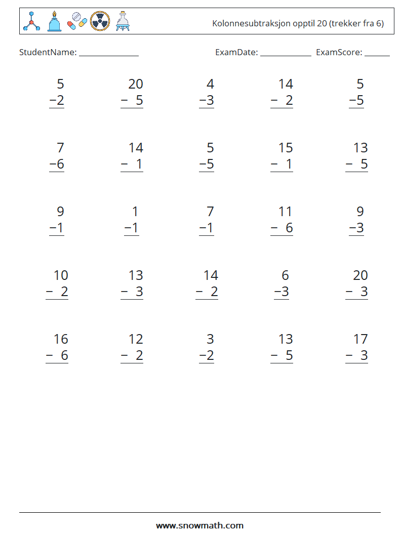 (25) Kolonnesubtraksjon opptil 20 (trekker fra 6) MathWorksheets 12