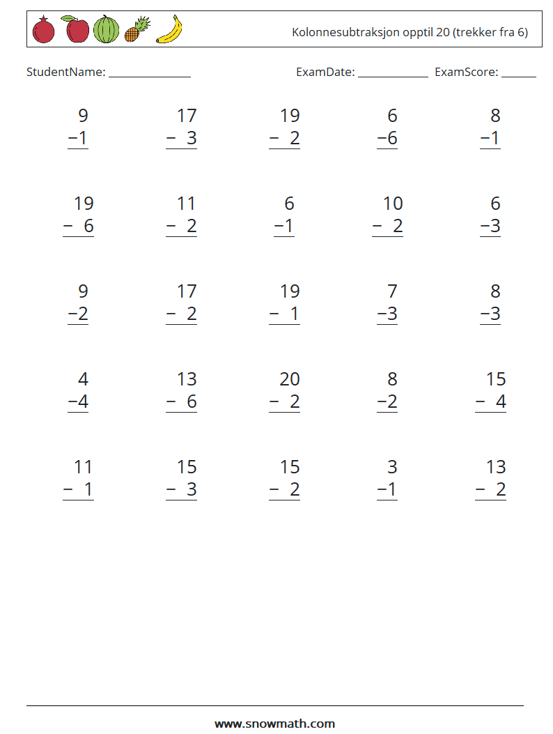 (25) Kolonnesubtraksjon opptil 20 (trekker fra 6) MathWorksheets 14