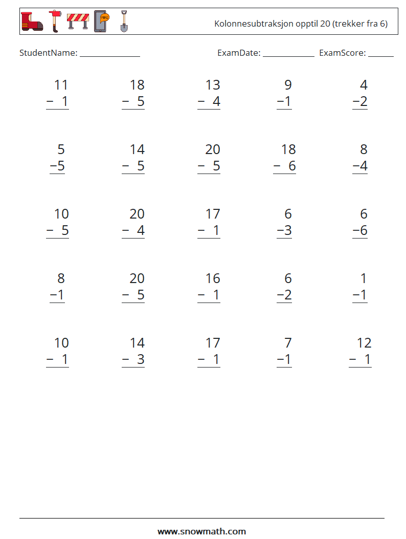 (25) Kolonnesubtraksjon opptil 20 (trekker fra 6) MathWorksheets 15
