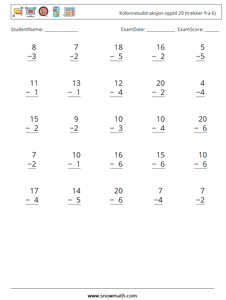 (25) Kolonnesubtraksjon opptil 20 (trekker fra 6) MathWorksheets 16