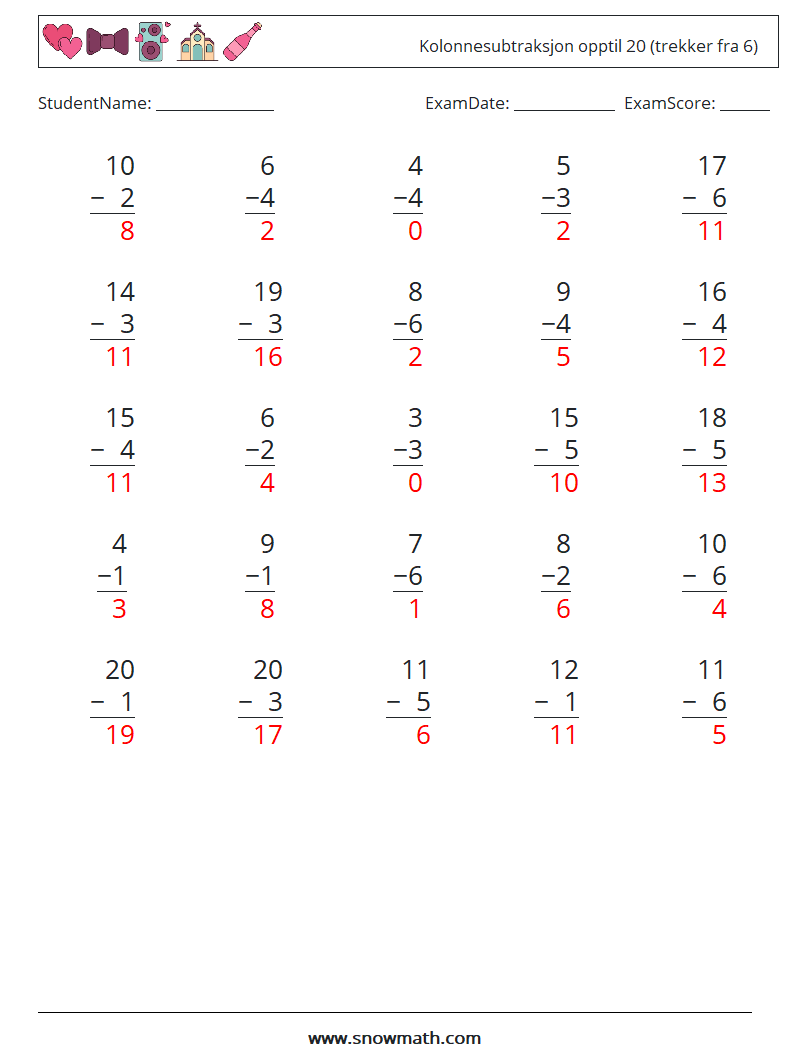 (25) Kolonnesubtraksjon opptil 20 (trekker fra 6) MathWorksheets 1 QuestionAnswer