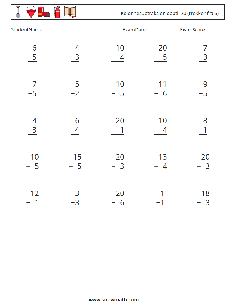 (25) Kolonnesubtraksjon opptil 20 (trekker fra 6) MathWorksheets 2