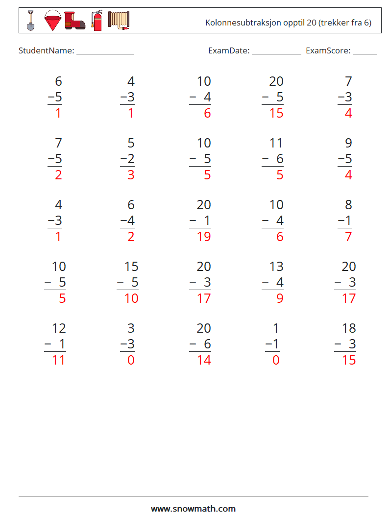 (25) Kolonnesubtraksjon opptil 20 (trekker fra 6) MathWorksheets 2 QuestionAnswer