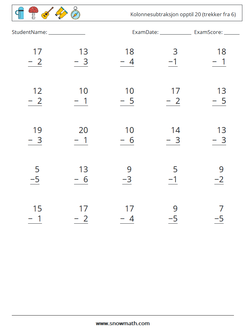 (25) Kolonnesubtraksjon opptil 20 (trekker fra 6) MathWorksheets 3
