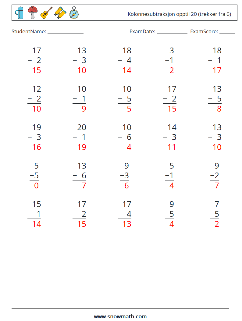 (25) Kolonnesubtraksjon opptil 20 (trekker fra 6) MathWorksheets 3 QuestionAnswer