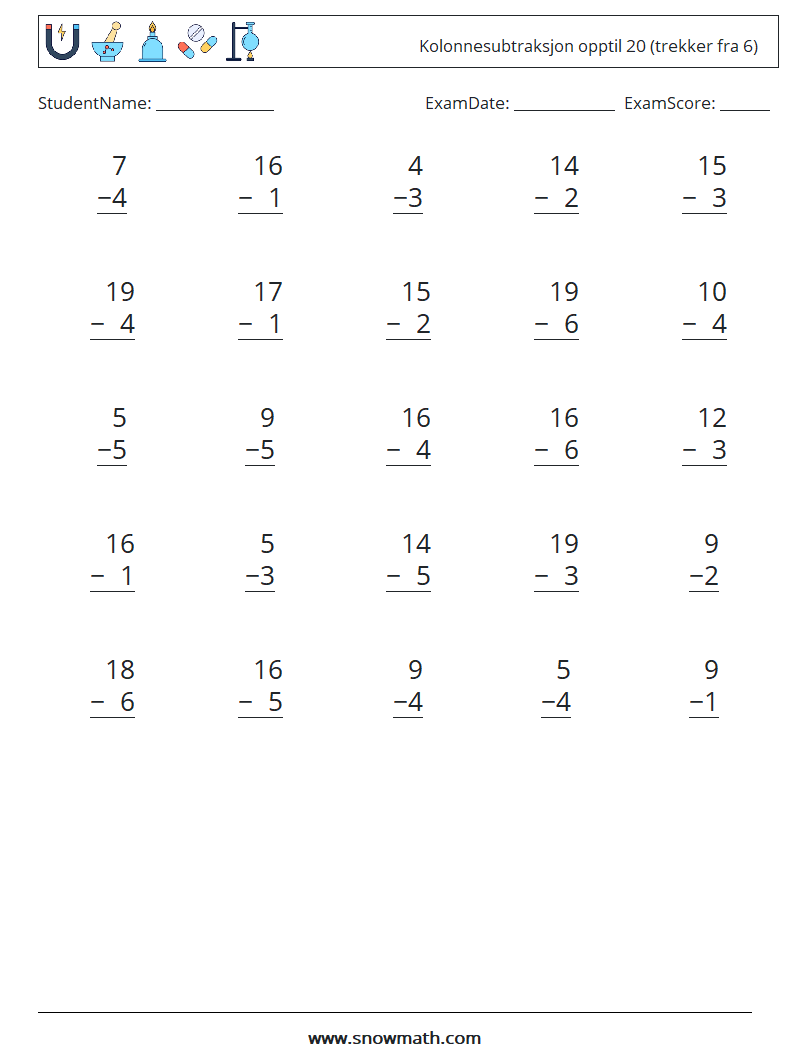 (25) Kolonnesubtraksjon opptil 20 (trekker fra 6) MathWorksheets 4