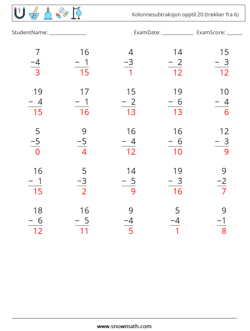 (25) Kolonnesubtraksjon opptil 20 (trekker fra 6) MathWorksheets 4 QuestionAnswer