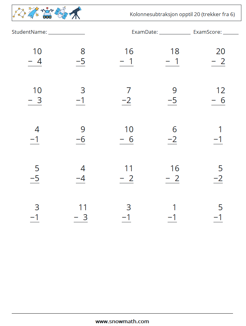 (25) Kolonnesubtraksjon opptil 20 (trekker fra 6) MathWorksheets 5