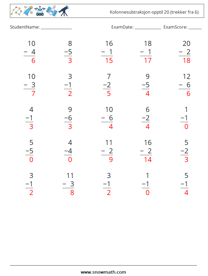 (25) Kolonnesubtraksjon opptil 20 (trekker fra 6) MathWorksheets 5 QuestionAnswer
