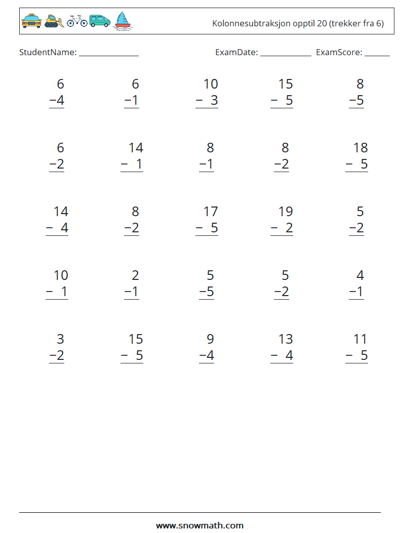 (25) Kolonnesubtraksjon opptil 20 (trekker fra 6) MathWorksheets 6