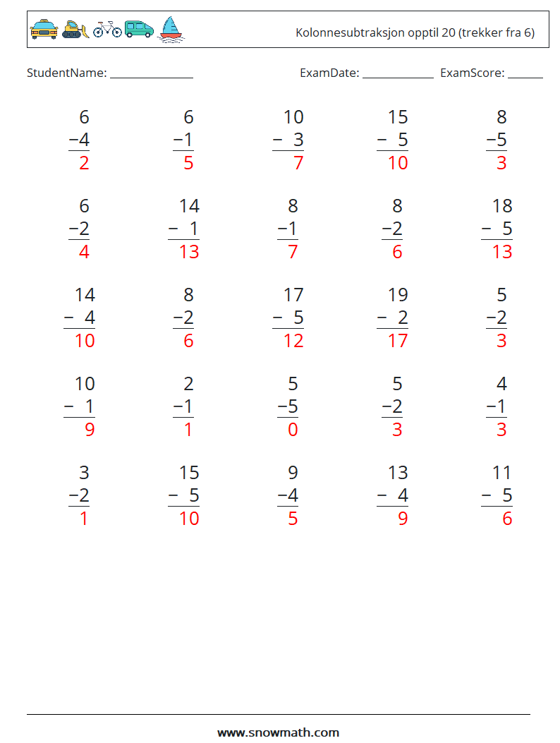 (25) Kolonnesubtraksjon opptil 20 (trekker fra 6) MathWorksheets 6 QuestionAnswer