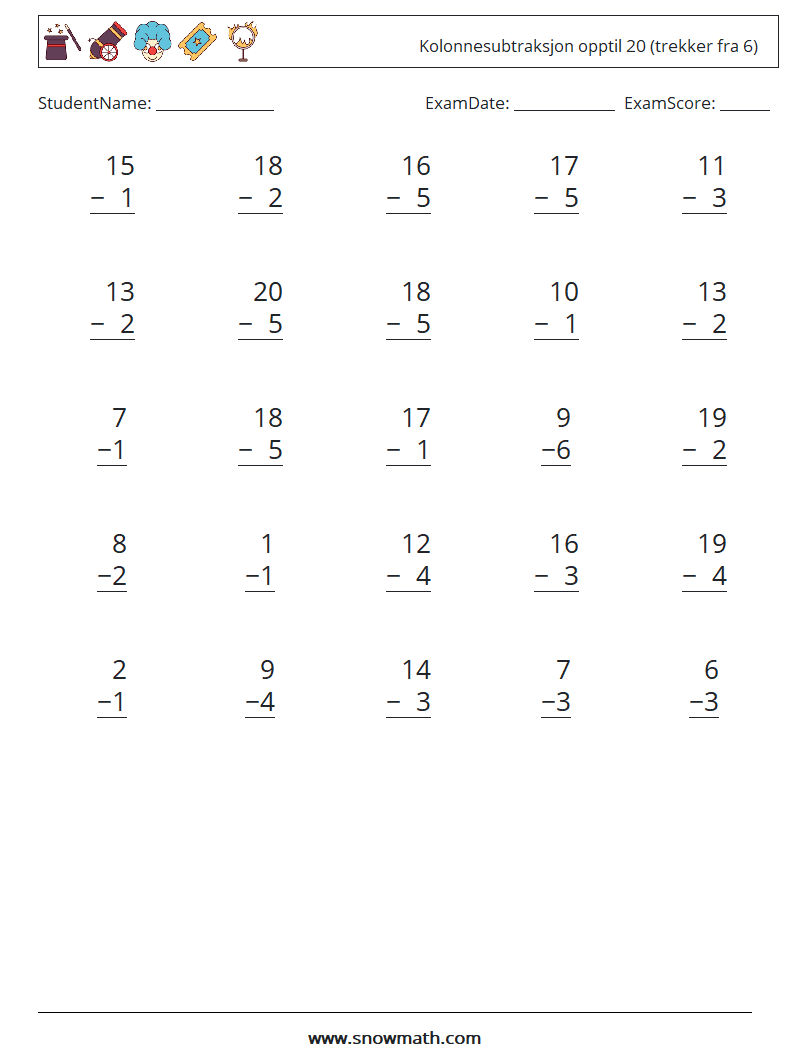 (25) Kolonnesubtraksjon opptil 20 (trekker fra 6) MathWorksheets 7