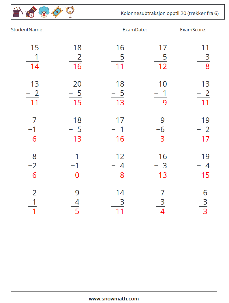 (25) Kolonnesubtraksjon opptil 20 (trekker fra 6) MathWorksheets 7 QuestionAnswer