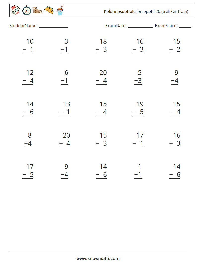 (25) Kolonnesubtraksjon opptil 20 (trekker fra 6) MathWorksheets 8