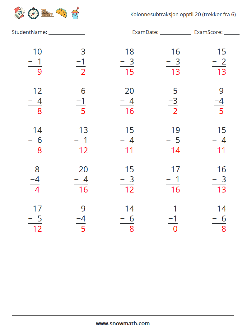 (25) Kolonnesubtraksjon opptil 20 (trekker fra 6) MathWorksheets 8 QuestionAnswer