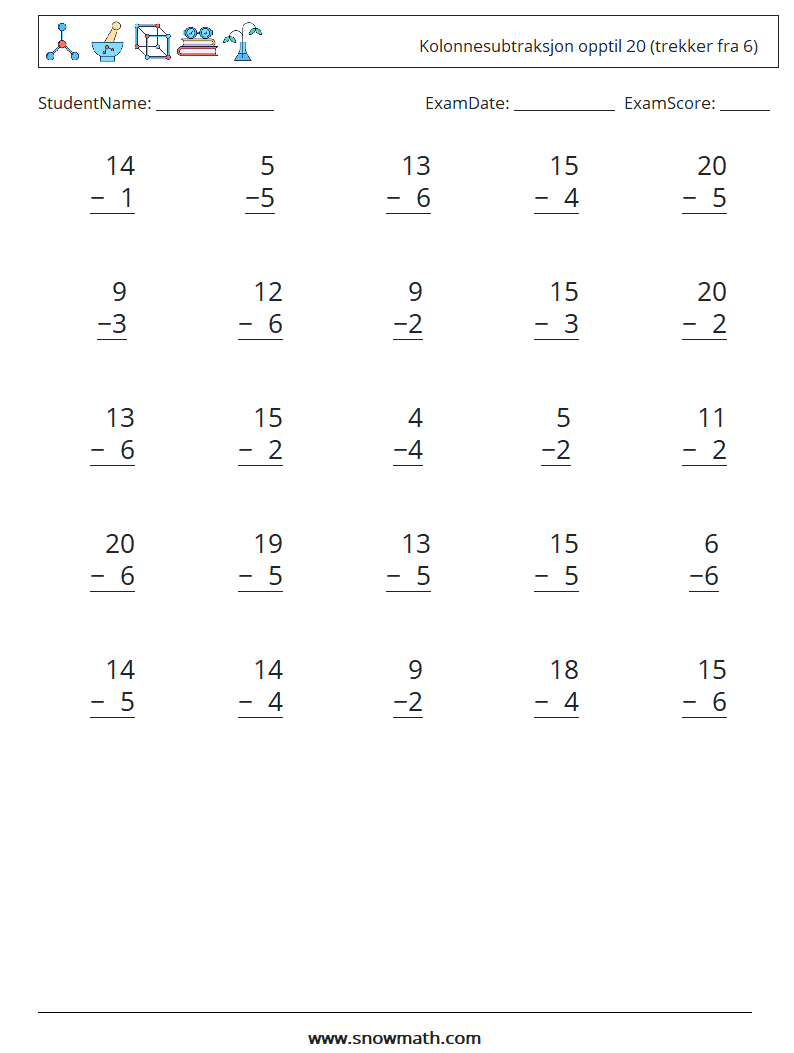 (25) Kolonnesubtraksjon opptil 20 (trekker fra 6) MathWorksheets 9