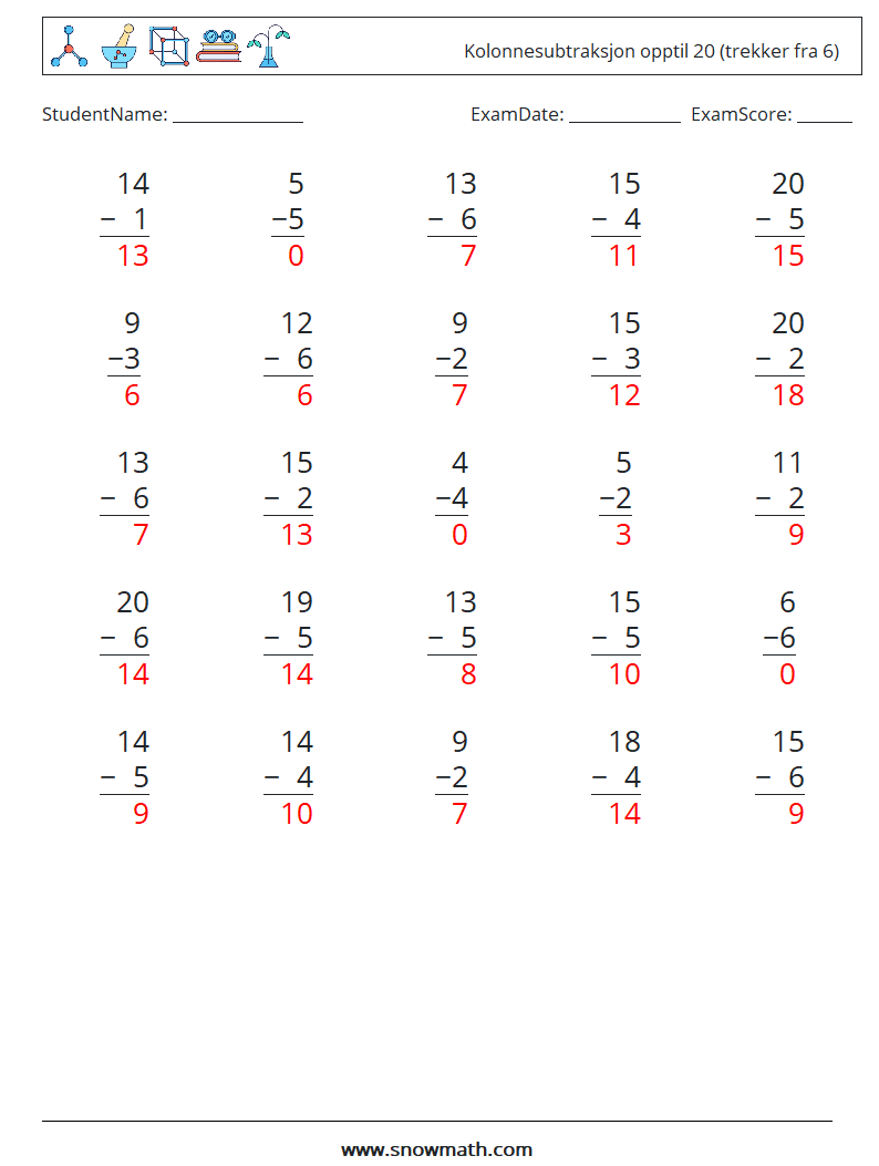 (25) Kolonnesubtraksjon opptil 20 (trekker fra 6) MathWorksheets 9 QuestionAnswer