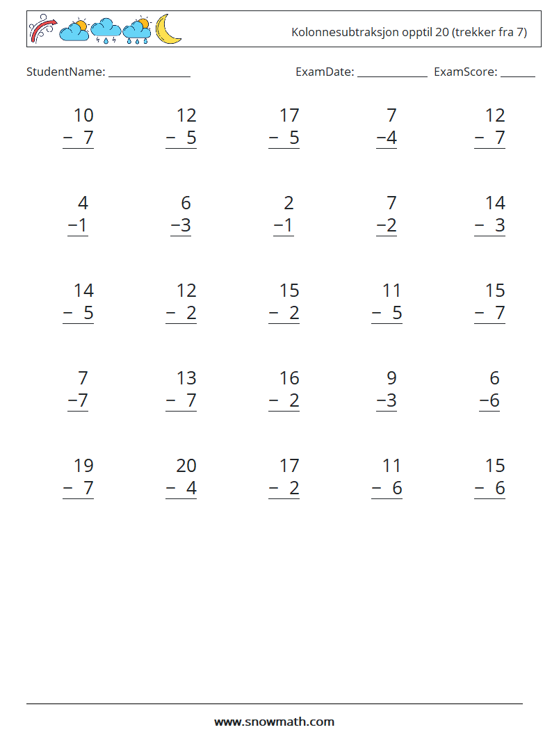 (25) Kolonnesubtraksjon opptil 20 (trekker fra 7) MathWorksheets 10