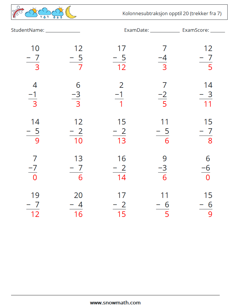 (25) Kolonnesubtraksjon opptil 20 (trekker fra 7) MathWorksheets 10 QuestionAnswer