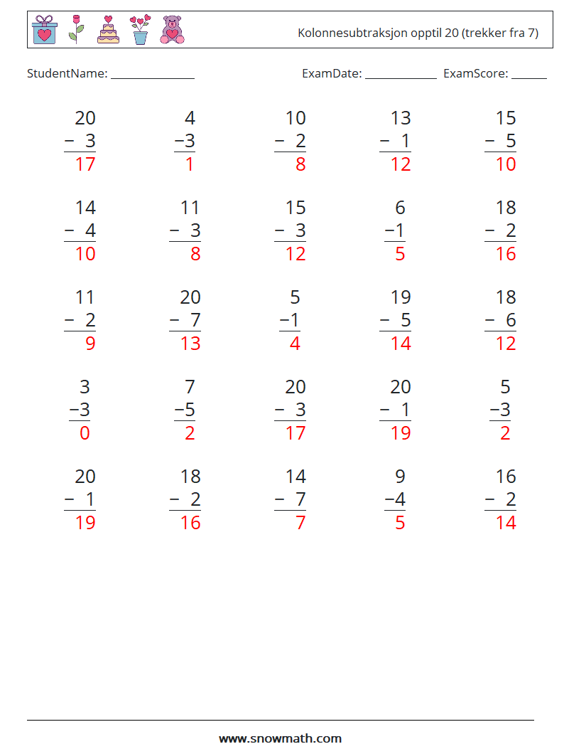 (25) Kolonnesubtraksjon opptil 20 (trekker fra 7) MathWorksheets 11 QuestionAnswer