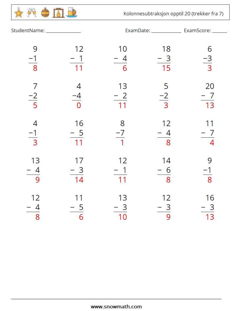 (25) Kolonnesubtraksjon opptil 20 (trekker fra 7) MathWorksheets 12 QuestionAnswer