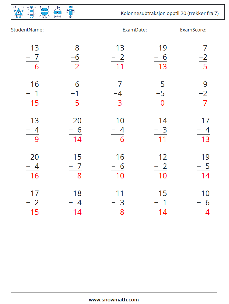(25) Kolonnesubtraksjon opptil 20 (trekker fra 7) MathWorksheets 13 QuestionAnswer