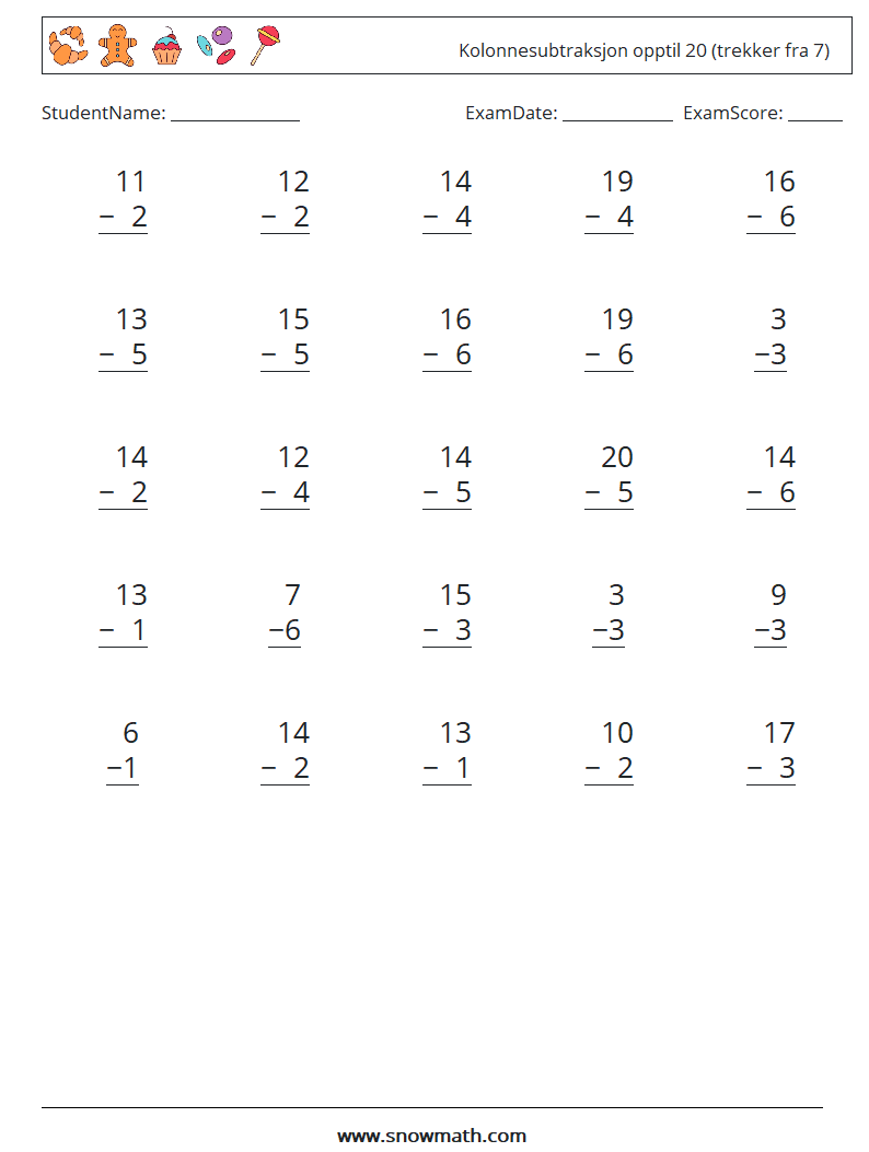 (25) Kolonnesubtraksjon opptil 20 (trekker fra 7) MathWorksheets 14