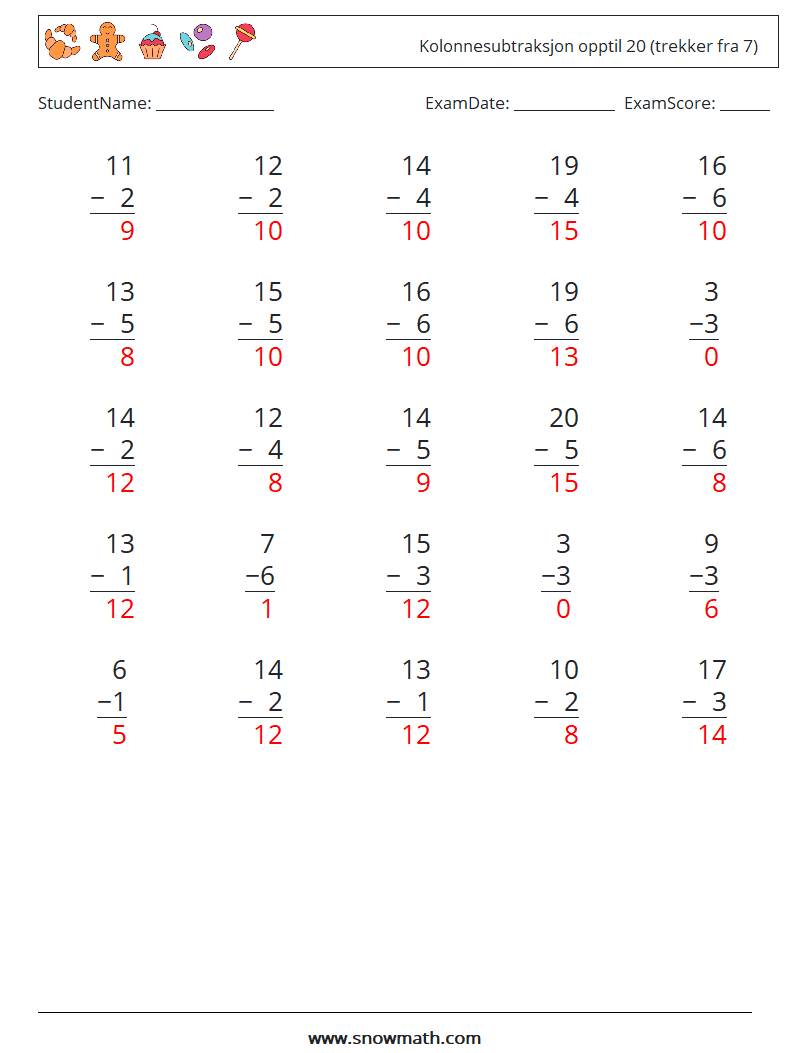 (25) Kolonnesubtraksjon opptil 20 (trekker fra 7) MathWorksheets 14 QuestionAnswer