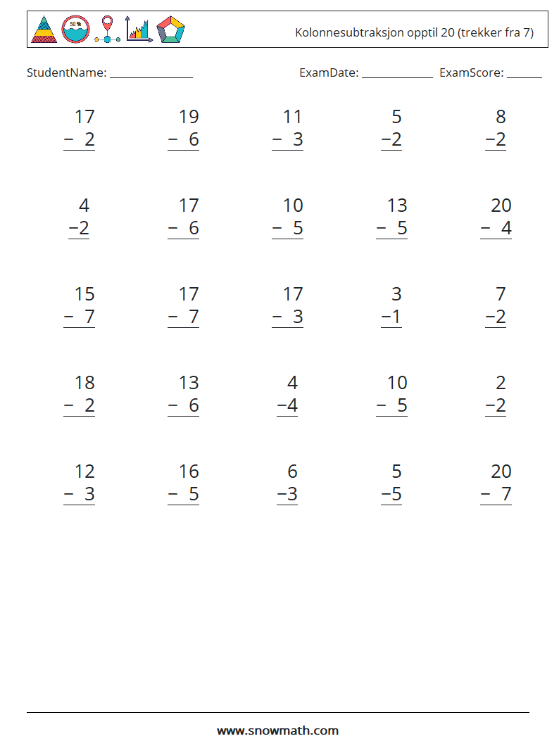 (25) Kolonnesubtraksjon opptil 20 (trekker fra 7) MathWorksheets 15