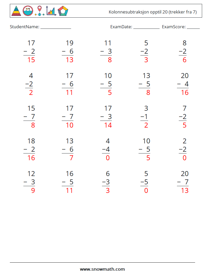 (25) Kolonnesubtraksjon opptil 20 (trekker fra 7) MathWorksheets 15 QuestionAnswer