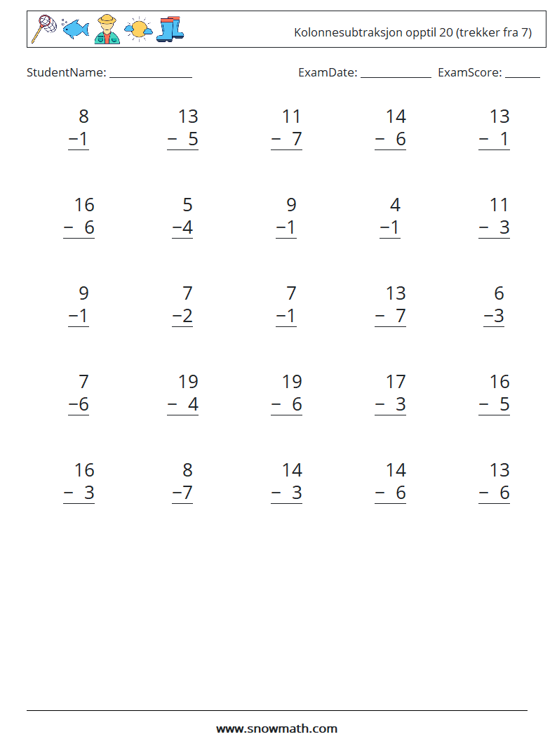 (25) Kolonnesubtraksjon opptil 20 (trekker fra 7) MathWorksheets 16