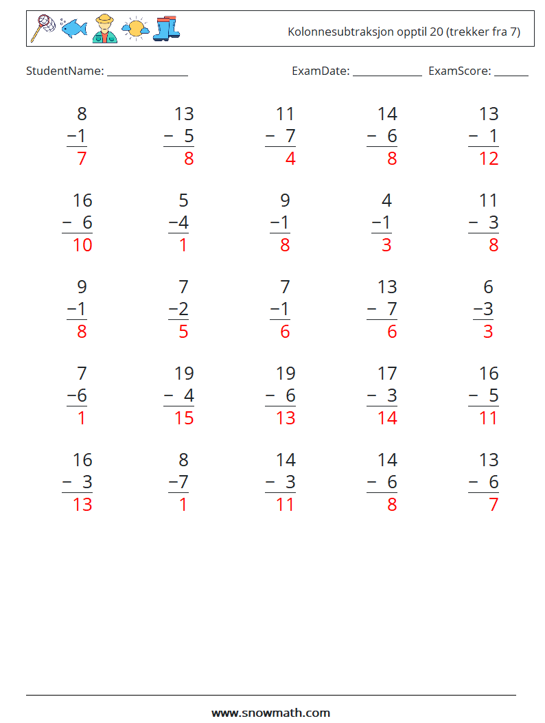 (25) Kolonnesubtraksjon opptil 20 (trekker fra 7) MathWorksheets 16 QuestionAnswer