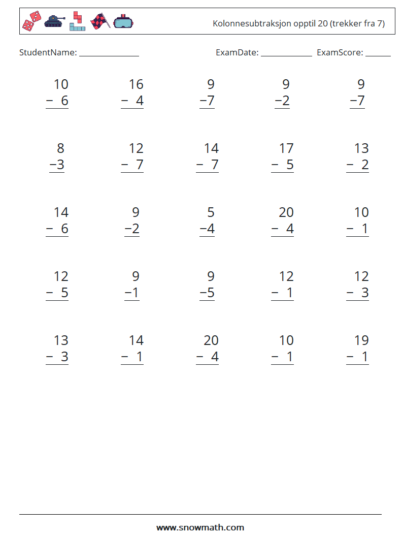 (25) Kolonnesubtraksjon opptil 20 (trekker fra 7) MathWorksheets 17