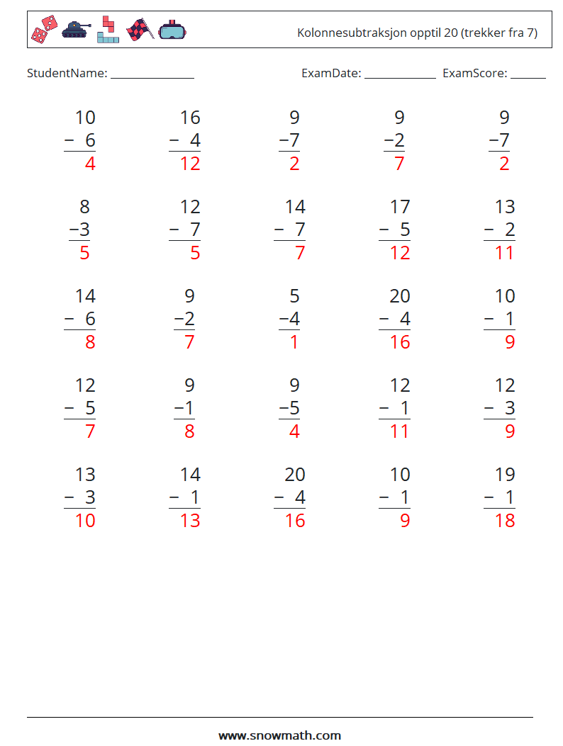 (25) Kolonnesubtraksjon opptil 20 (trekker fra 7) MathWorksheets 17 QuestionAnswer